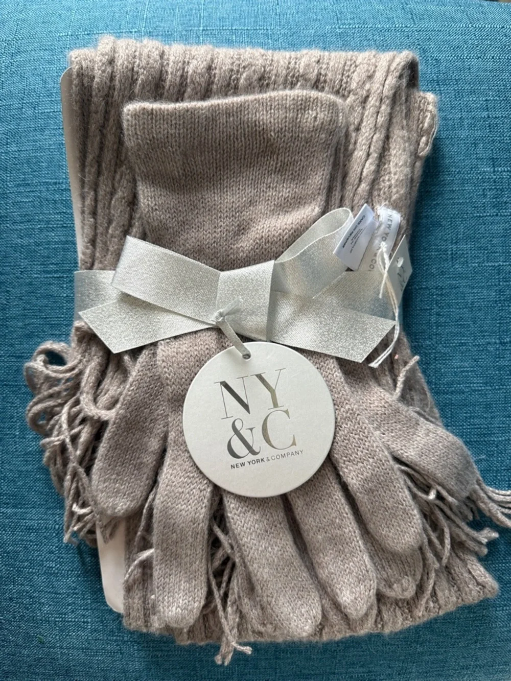 New York & Company Taupe Knit Scarf and Glove Set